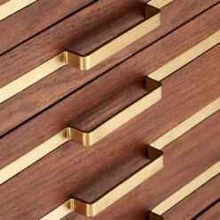 Inline Oak Wood 4-Drawer File Cabinet With Brass Handles -Cb2 BrassInlineFileDrawersAVF17