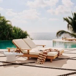 Pinet Teak Outdoor Double Chaise Lounge With Textured Ivory Perennials® Cushions -Cb2 CB2SU23 RC 02B 002 V2 1