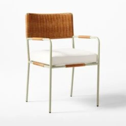 Colombe Green Metal And Rattan Outdoor Dining Armchair With Ivory Sunbrella® Cushion -Cb2 ColombeVertDiningChair3QSSS23