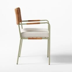 Colombe Green Metal And Rattan Outdoor Dining Armchair With Ivory Sunbrella® Cushion -Cb2 ColombeVertDiningChairSDSSS23