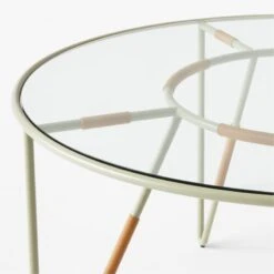 Colombe Round Green Metal Outdoor Dining Table With Glass Top -Cb2 ColombeVertDiningTableAV2SSS23