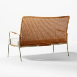 Colombe Green Metal And Rattan Outdoor Loveseat With Ivory Sunbrella® Cushions 11 Colombe Green Metal And Rattan Outdoor Loveseat With Ivory Sunbrella® Cushions -Cb2 ColombeVertLoveseat3QBSSS23