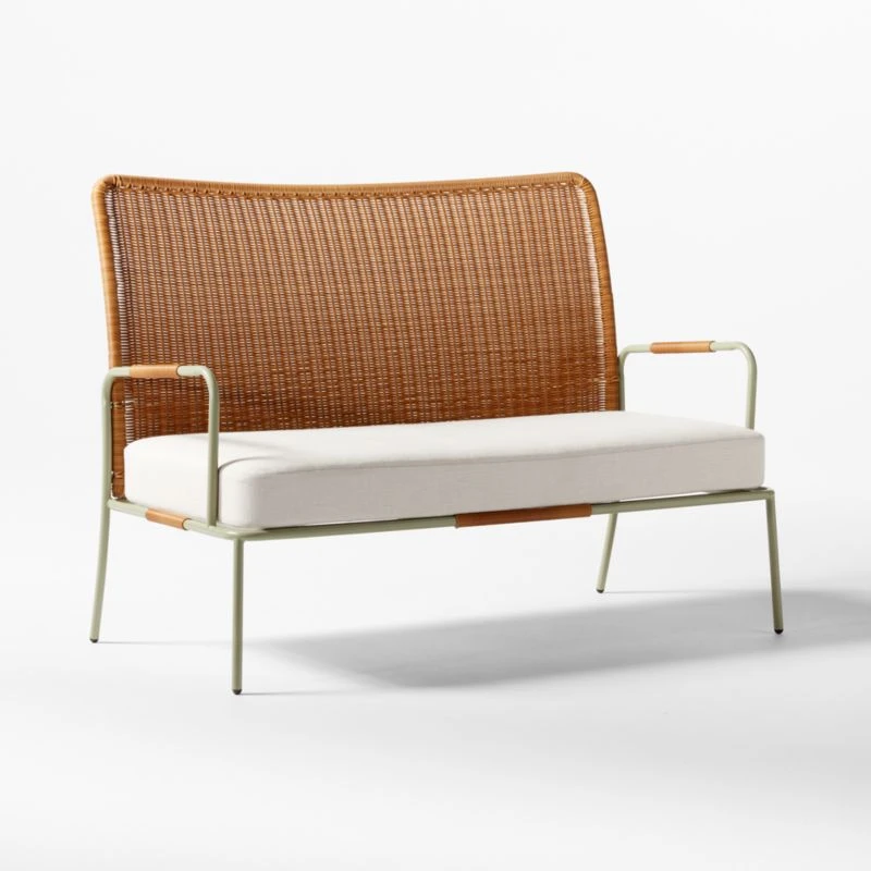 Colombe Green Metal And Rattan Outdoor Loveseat With Ivory Sunbrella® Cushions 4 Colombe Green Metal And Rattan Outdoor Loveseat With Ivory Sunbrella® Cushions - Image 3