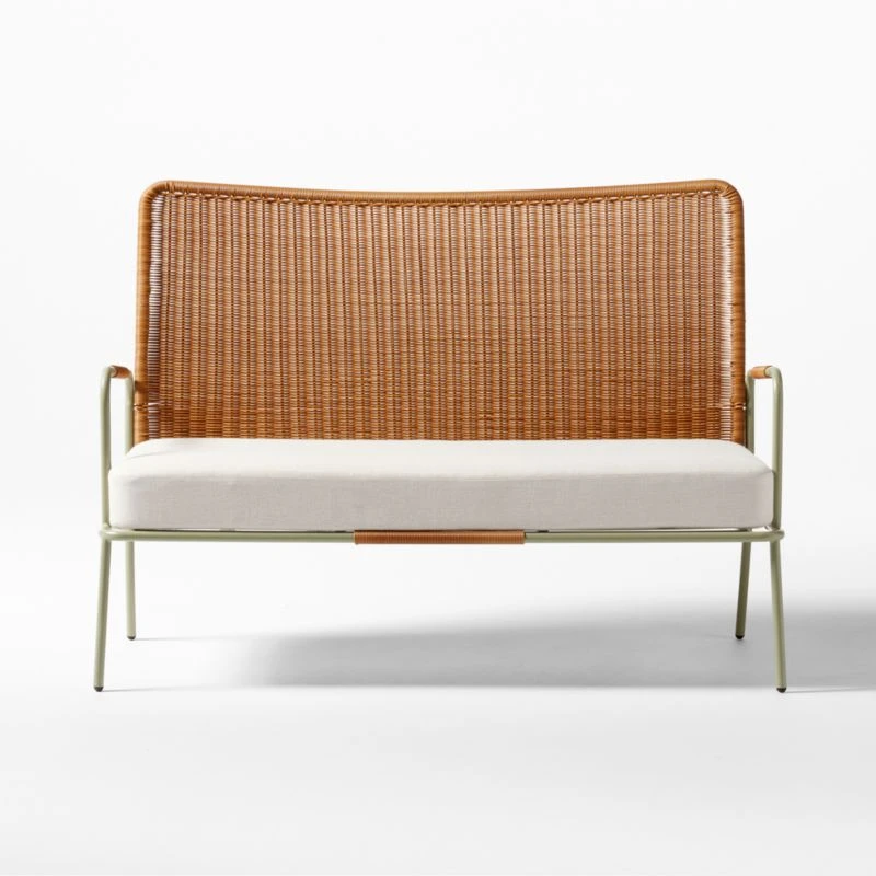 Colombe Green Metal And Rattan Outdoor Loveseat With Ivory Sunbrella® Cushions 3 Colombe Green Metal And Rattan Outdoor Loveseat With Ivory Sunbrella® Cushions - Image 2