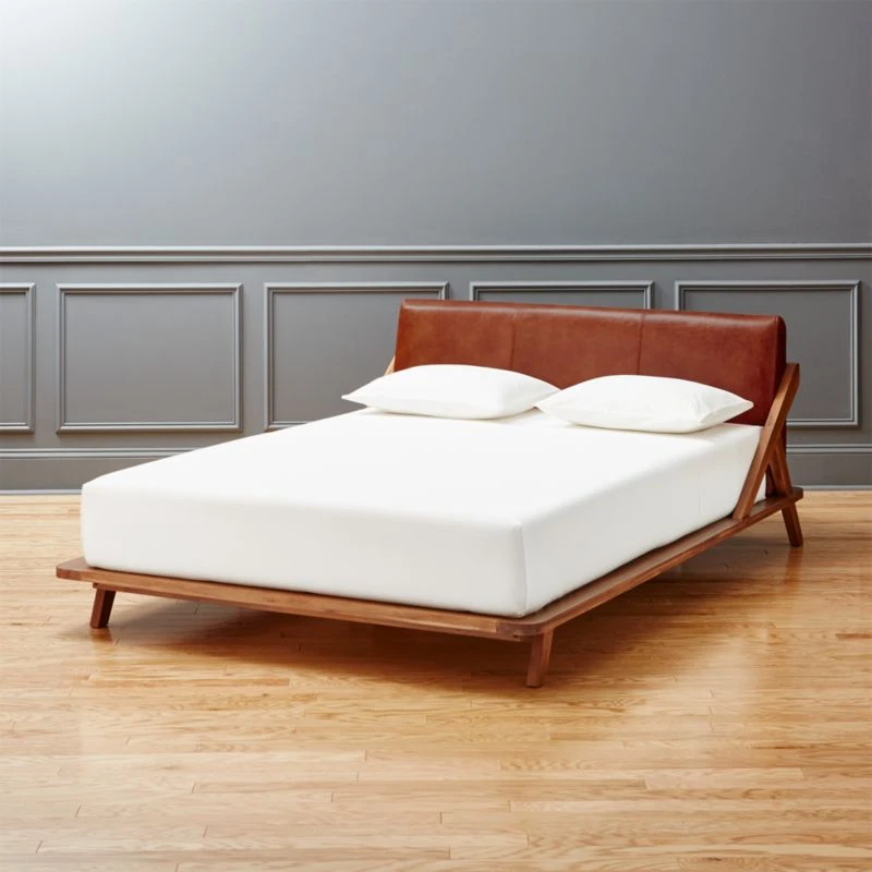 Drommen Acacia Wood Platform Queen Bed With Leather Headboard 3 Drommen Acacia Wood Platform Queen Bed With Leather Headboard