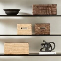 Emme Square Handwoven Espresso Rattan Storage Basket -Cb2 EmmeBoxCollectionFHF22 1