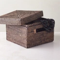 Emme Square Handwoven Espresso Rattan Storage Basket -Cb2 EmmeBoxwLidEspSqAVSHF22