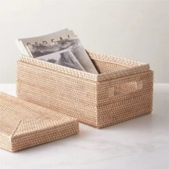 Emme Rectangular Handwoven Natural Rattan Storage Basket -Cb2 EmmeBoxwLidNatRectAVSHF22