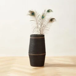 Korin Black Rattan Decorative Basket Small -Cb2 KorinRttnBkTallBasketSmROF23
