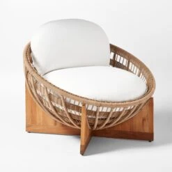 Masha Rattan And Teak Outdoor Lounge Chair With White Sunbrella® Cushions -Cb2 MashaLoungeChair3QSSS23