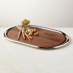Piero Oval Stainless Steel And Walnut Serving Tray Set -Cb2 PieroOvalWoodNSSServingSAVSHF22