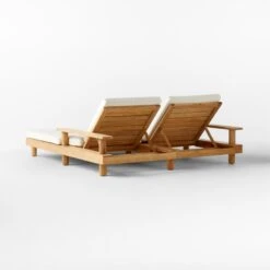 Pinet Teak Outdoor Double Chaise Lounge With Textured Ivory Perennials® Cushions -Cb2 PinetTeakDoubleChaise3QBSSS23