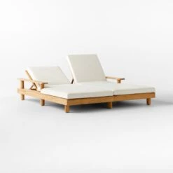 Pinet Teak Outdoor Double Chaise Lounge With Textured Ivory Perennials® Cushions -Cb2 PinetTeakDoubleChaiseAVSSS23