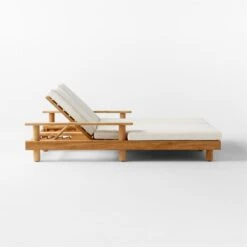 Pinet Teak Outdoor Double Chaise Lounge With Textured Ivory Perennials® Cushions -Cb2 PinetTeakDoubleChaiseSDSSS23