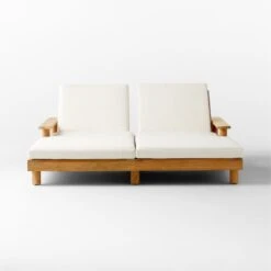 Pinet Teak Outdoor Double Chaise Lounge With Textured Ivory Perennials® Cushions -Cb2 PinetTeakDoubleChaiseSOSSS23