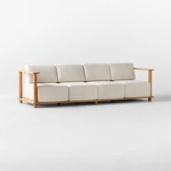 Pinet Teak Outdoor Sofa With Textured Ivory Perennials® Cushions Large -Cb2 PinetTeakXLSofa3QSSS23