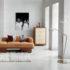 Pavo Champagne Brass Double Floor Lamp -Cb2 SerafinLeatherDaybedJL20 1x1 Right