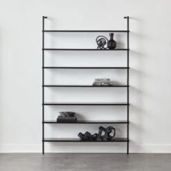 Stairway Wide Black Metal Wall Mount Bookshelf 96'' -Cb2 Stairway96inWdShelvesBlkAVSHF21