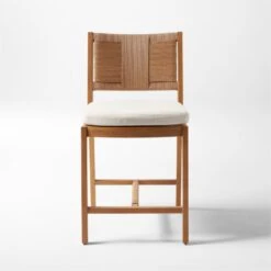 Roc Teak And Rattan Outdoor Counter Stool With Ivory Sunbrella® Cushion -Cb2 VitetCounterStoolSOSSS23
