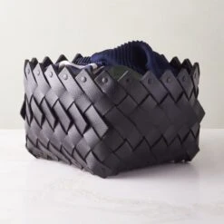Willa Woven Black Leather Storage Basket Small -Cb2 WillaBkLthrWovenBasketSmAVSHF22